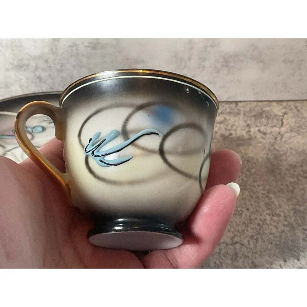Antique Bone Moriage Raise Oriental Dragon Ware Decorative Espresso Cup & Saucer